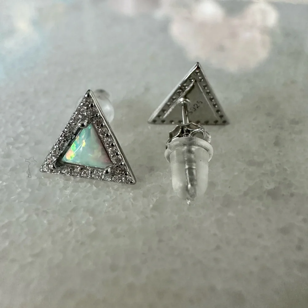 Modern Opal Triangular Sterling Silver Stud Earrings - Picture 4 of 7